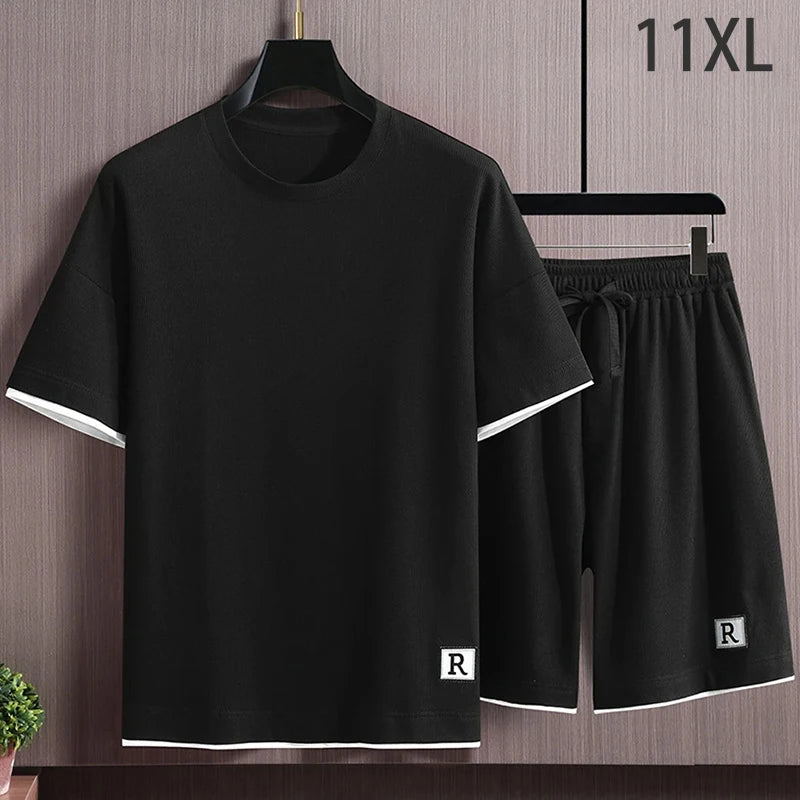 Men's Sets Summer Tracksuit Plus Size 10XL 11XL T-shirts Shorts Suits Male Big Size Summer Suits Black