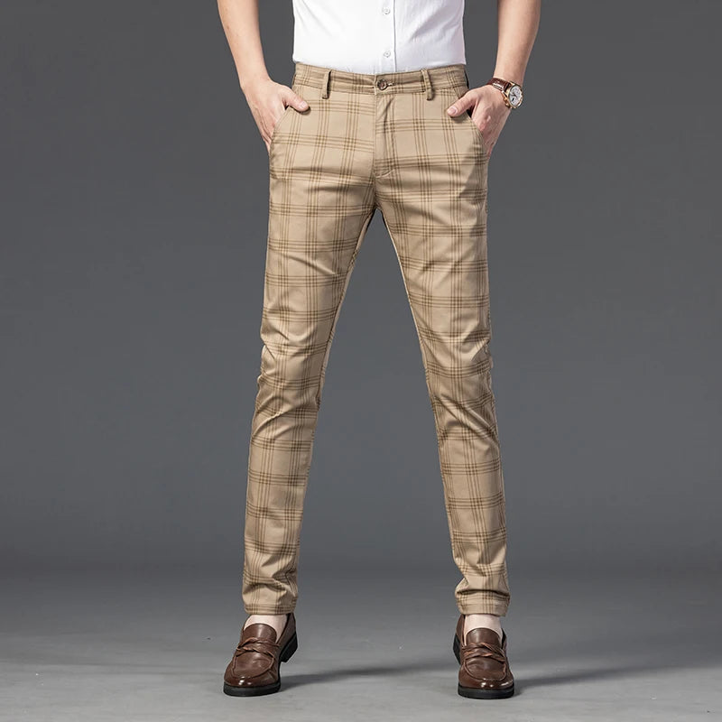 2025 Spring New Men's Plaid Casual Pants Business Fashion Slim Stretch Male Skinny Trousers Brand Clothes 7 Color