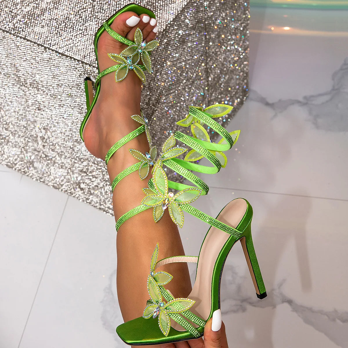 Women's Heeled Sandals Bowknot Rhinestone New Summer Sexy Shoes Big Size Leather Square Toe Hard-Wearing Outdoor Platform