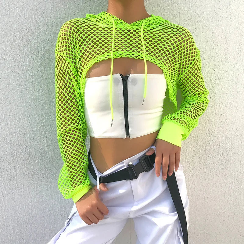2022 New Spring  Streetwear Neon Green Mesh Fishnet Top Women Tshirt Perspective Long Sleeve Women's T-shirts Sexy Cropped Shirt