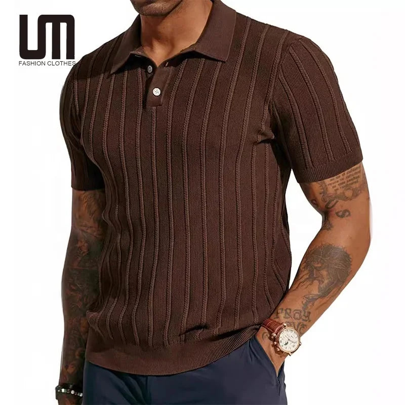 Liu Ming New Products 2025 Fashionable Solid Color Knitted Sweater Casual Short Sleeve Ribbed Knit T Shirt Top for Men