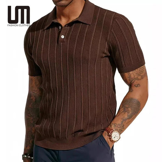 Liu Ming New Products 2025 Fashionable Solid Color Knitted Sweater Casual Short Sleeve Ribbed Knit T Shirt Top for Men