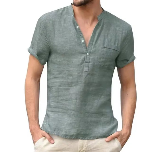 S-5XL High Quality New Men'S Linen V Neck Bandage T Shirts Male Solid Color Shorts Sleeves Casual Cotton Linen Tshirt Tops