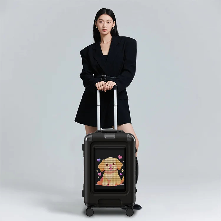 LOY L5-1 Smart Led Screen Light Display Aluminum Alloy Pull Bar Large Intelligent Black Trolley Suitcase Travel Bags Luggage