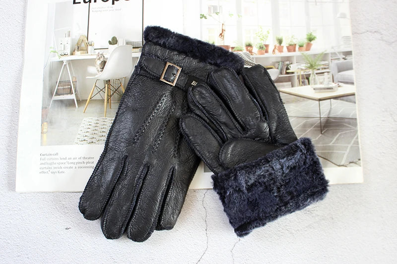 Sheepskin Fur Gloves Men's Thick Winter Warm Large Size Outdoor Windproof Cold Hand Stitching Sewn Leather Finger Gloves