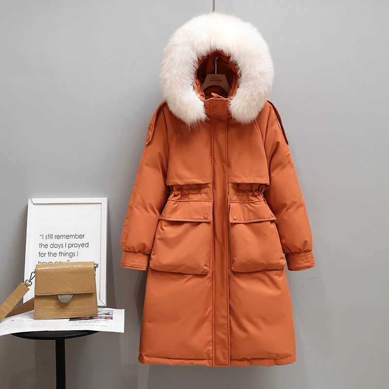 Winter Women Long Jacket Large Size Faux Fur Collar Hooded Parkas Cotton Down Coat Thickness Snow Warm Outwear