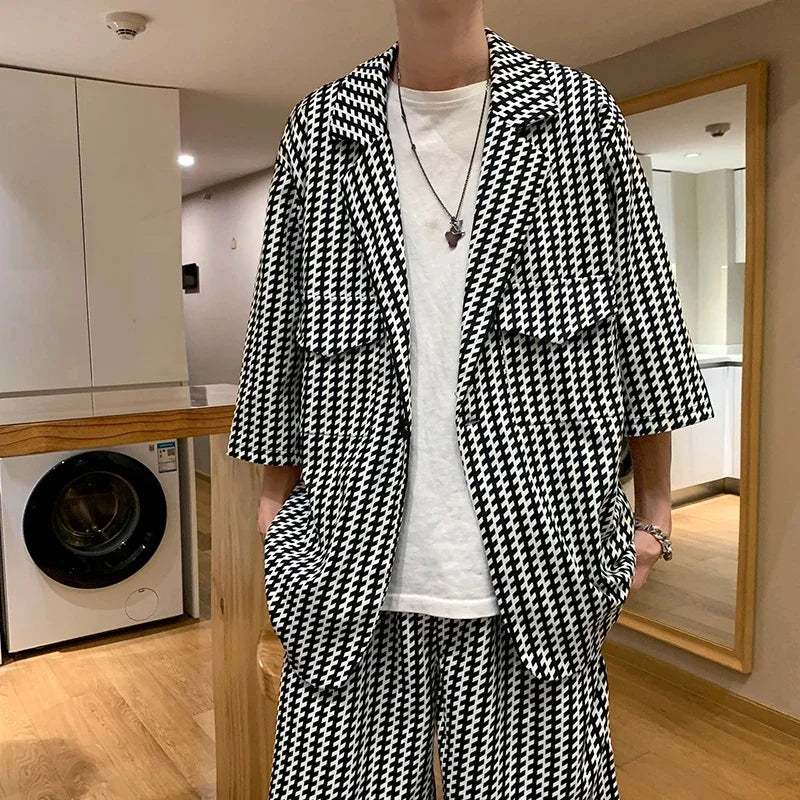 Jacket+Shorts Korean New Style Men in the Summer Leisure Short Sleeve 2 Pieces Suits Male Design Slim Fit Fashion Blazers W117