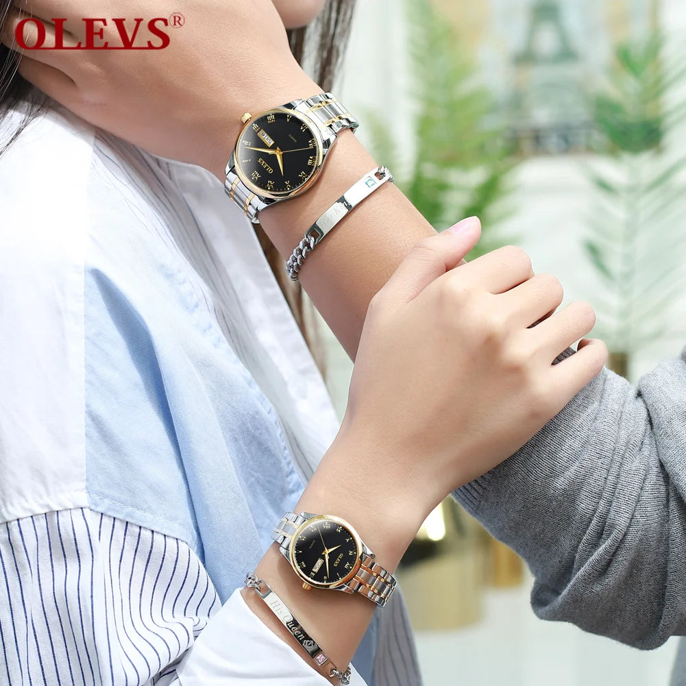 OLEVS Brand Wristwatch Fashion Business Couple Quartz  a Pair  Watch Stainless Steel Waterproof Luminous Watch for Men and Women