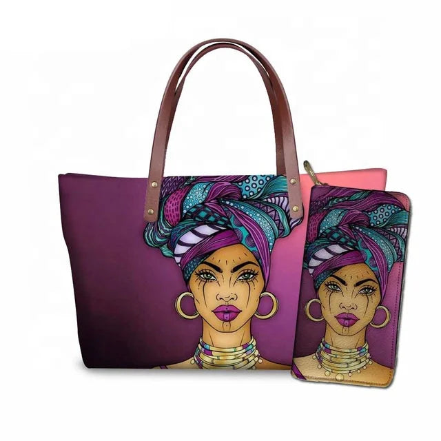 Custom Printed Women Bag Handbags African Girls Printing Purse and Handbags 2pcs Set Shoulder Tote Bag Females Summer Beach Bags