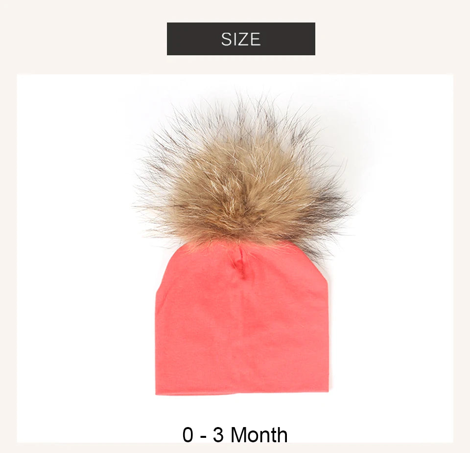 Geebro 0-3 Month Baby Boys Soft Cotton Real Fur pompom Beanies Hats For Newborn Girls Spring Autumn Kids Infants Toddler Hats