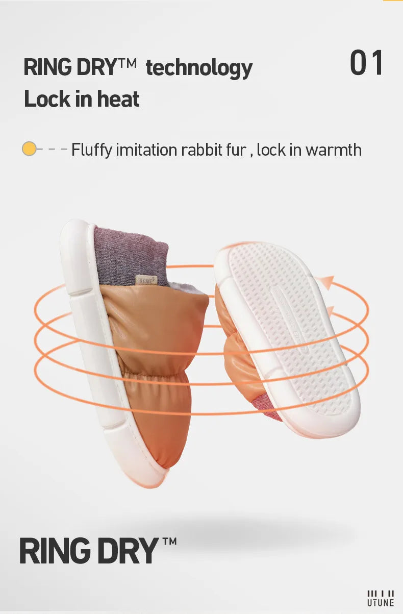UTUNE Unisex Indoor Warm Plush Slippers Waterproof Lightweight Soft Sole Outdoor Cozy Down Cotton Shoes 2025 Winter New Non-Slip