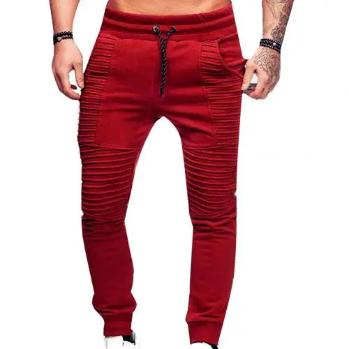 Fashion Men Solid Color Drawstring Elastic Waist Sport Pleated Pants Trousers Elastic Waist Sport Pleated Pants Trousers