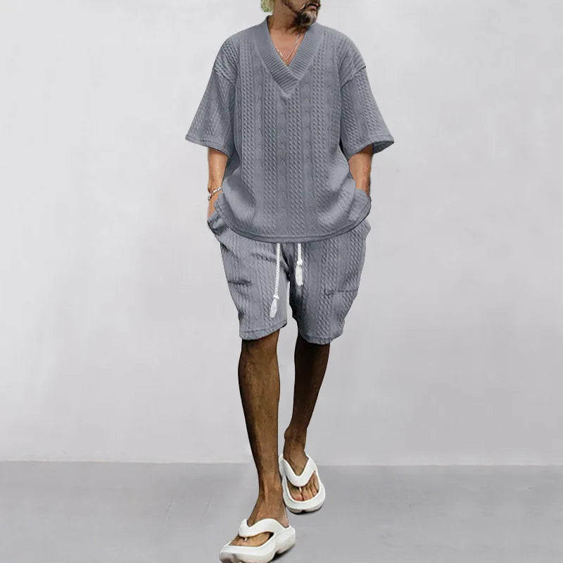 2024 Summer Men's Breathable Jacquard Casual Suits Loose Short Sleeve T-Shirt + Shorts V-Neck Tracksuit Two-Piece Set