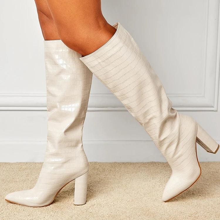 Pattern Long Boots for Women 2024 the Same Pointed Thick Heel Over Knee Boots, a New One Foot Boots in Winter 2025