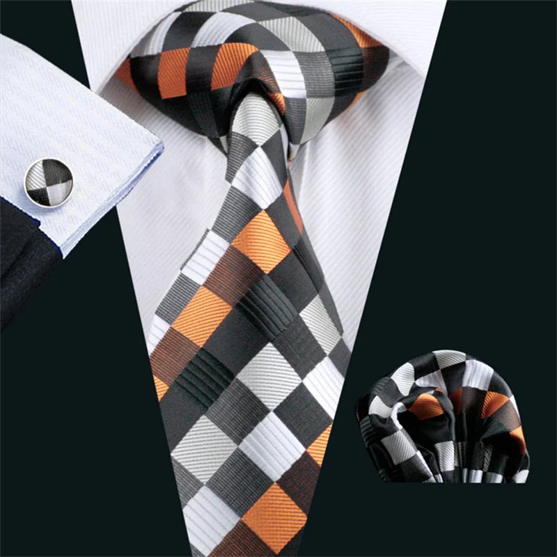 High Quality Luxury Business Fashion Men Gift Orange Plaid Checked Tie Jacquard Woven Silk Necktie Pocket Square Cufflinks Set