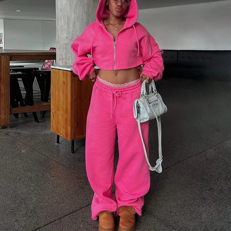 Women Casual Loose Sports 2 Piece Sweatpants Set Long Sleeves Zipper Hoodie and Wide Leg Pants Matching Set