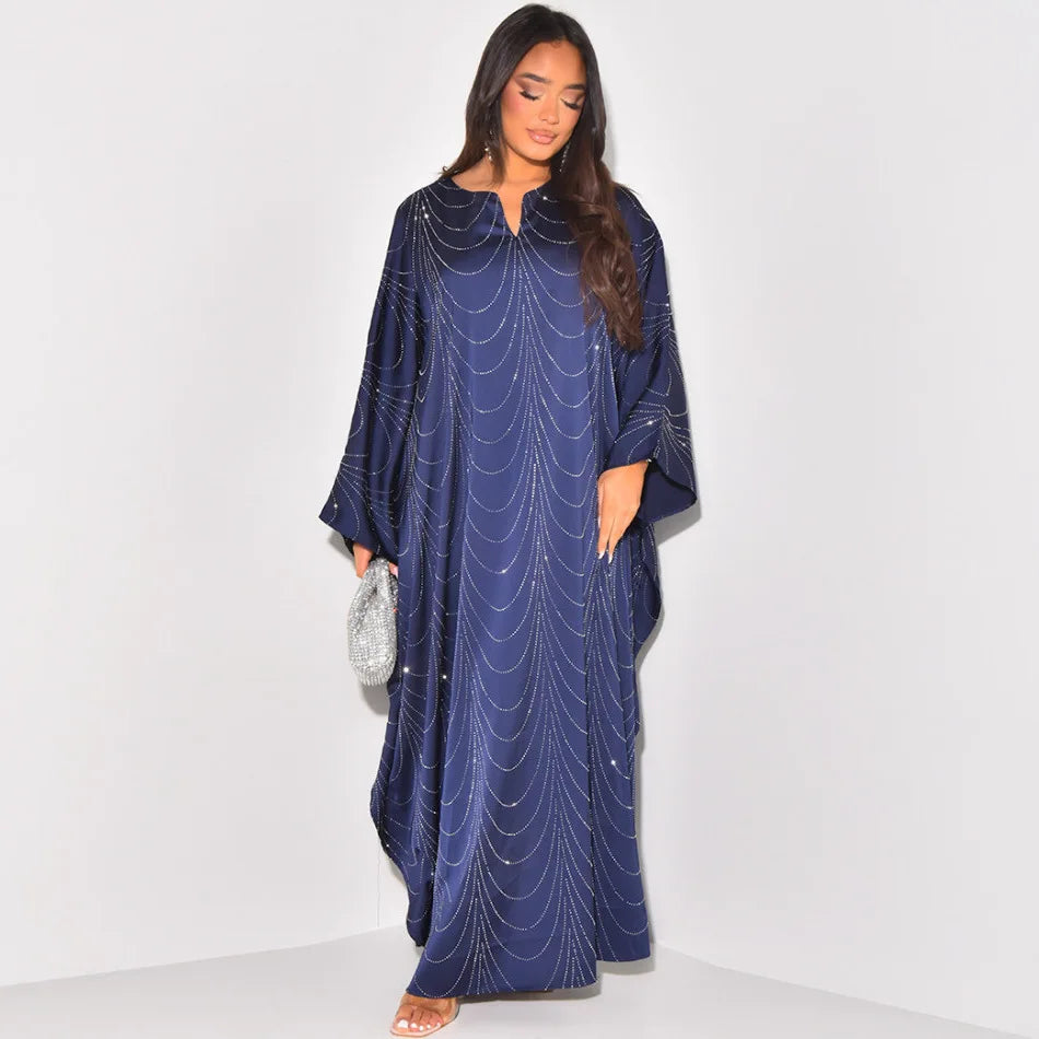 Elegant Maxi Dress Turkish Caftan Wholesale Abaya Hot Diamond Kaftan Batwing Sleeves Women Muslim Dress Dubai Islamic Clothing