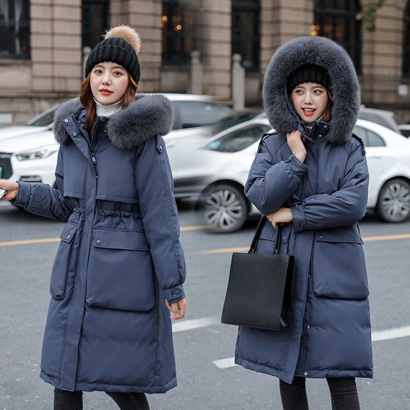 Winter Women Long Jacket Large Size Faux Fur Collar Hooded Parkas Cotton Down Coat Thickness Snow Warm Outwear