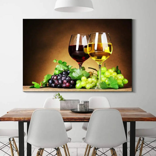 Pine Wood Inner Frame Kitchen Wall Art Canvas Print Still Life Fruits Wine Bottle Foods for Dining Room Decor Home Decoration