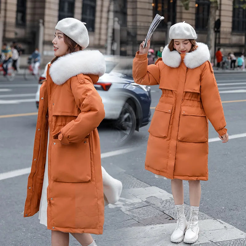 Winter Women Long Jacket Large Size Faux Fur Collar Hooded Parkas Cotton Down Coat Thickness Snow Warm Outwear