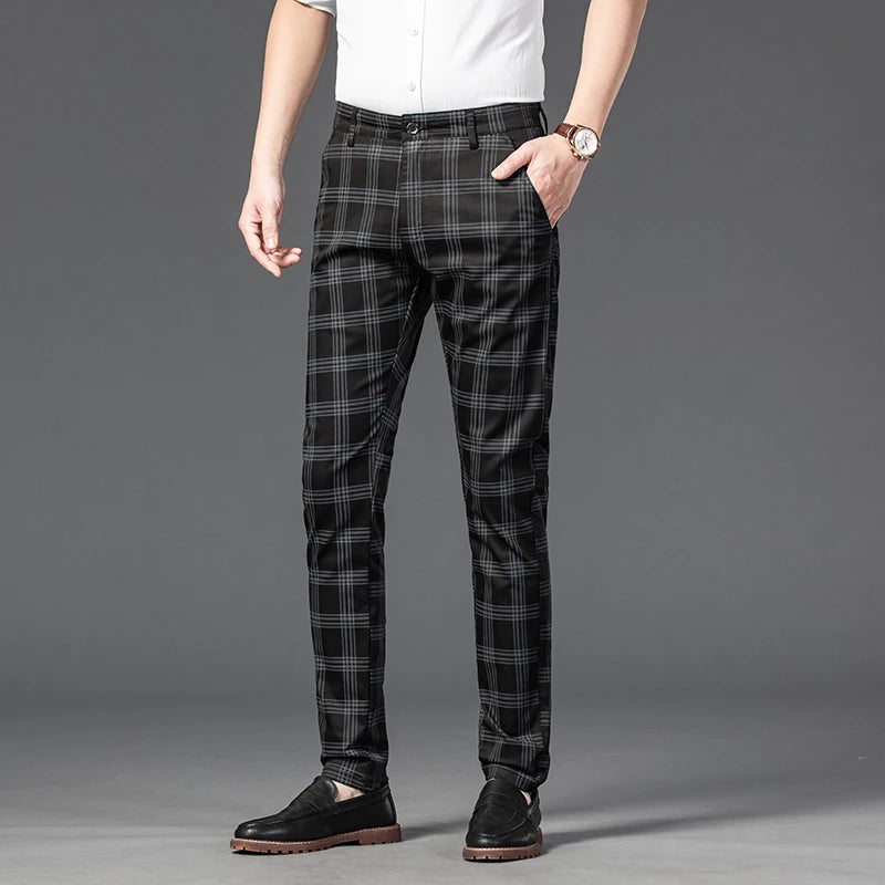 2025 Spring New Men's Plaid Casual Pants Business Fashion Slim Stretch Male Skinny Trousers Brand Clothes 7 Color