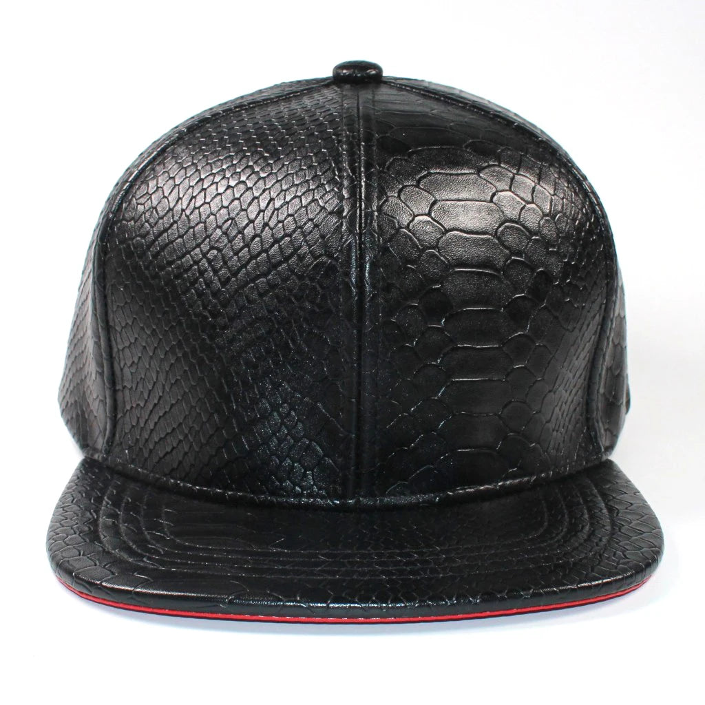 Wholesale Black Snakeskin PU Leather Common Fabric 6-Panel Fashion Cap-Logo Embroidered Adjustable Strapback Hat for Unisex