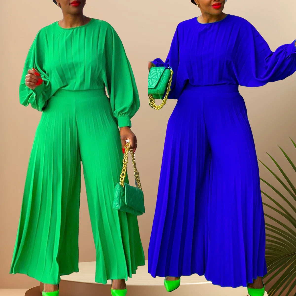 C8531 Summer Loose Fit Casual Long Sleeve Shirt Top Matching Wide Leg Pants Two Piece Pants Set for African Elegant Women Wear