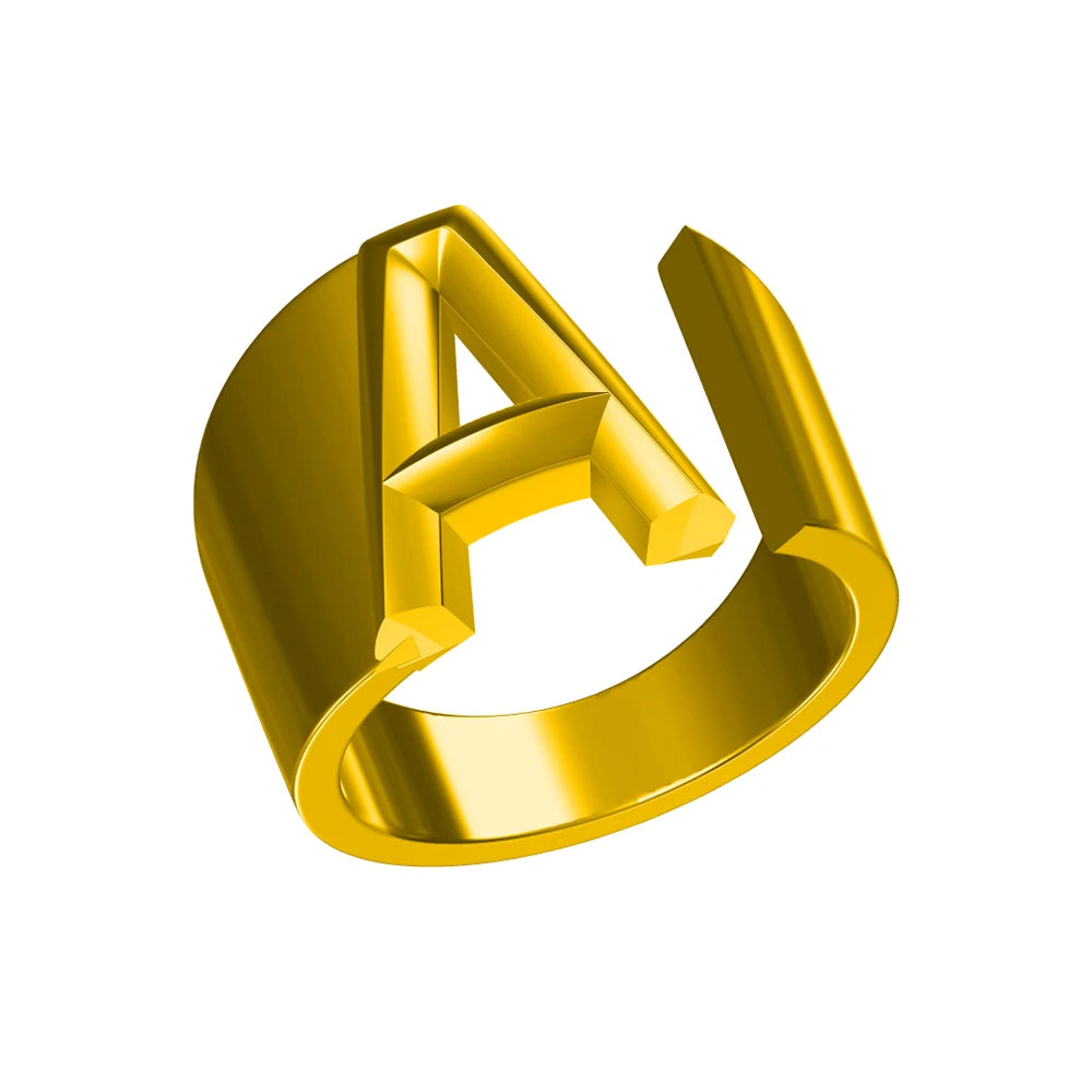 Letter Ring A-Z  26 Capital Letters Plated  Real 18K Gold Opening Adjustable Man Women Fashion Jewelry Rings