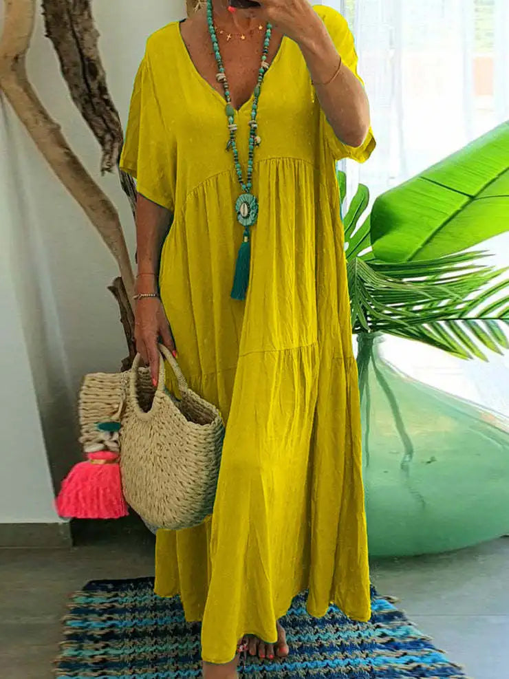 Simple Summer Women's Casual Loose Plain Long Maxi Dresses Plus Size Sundress Short Sleeve Women Boho Dress