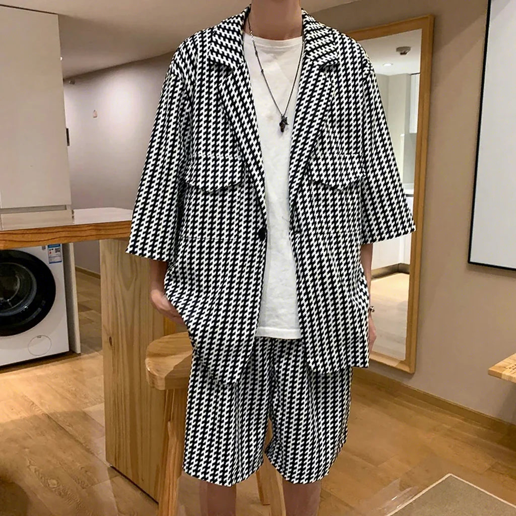Jacket+Shorts Korean New Style Men in the Summer Leisure Short Sleeve 2 Pieces Suits Male Design Slim Fit Fashion Blazers W117