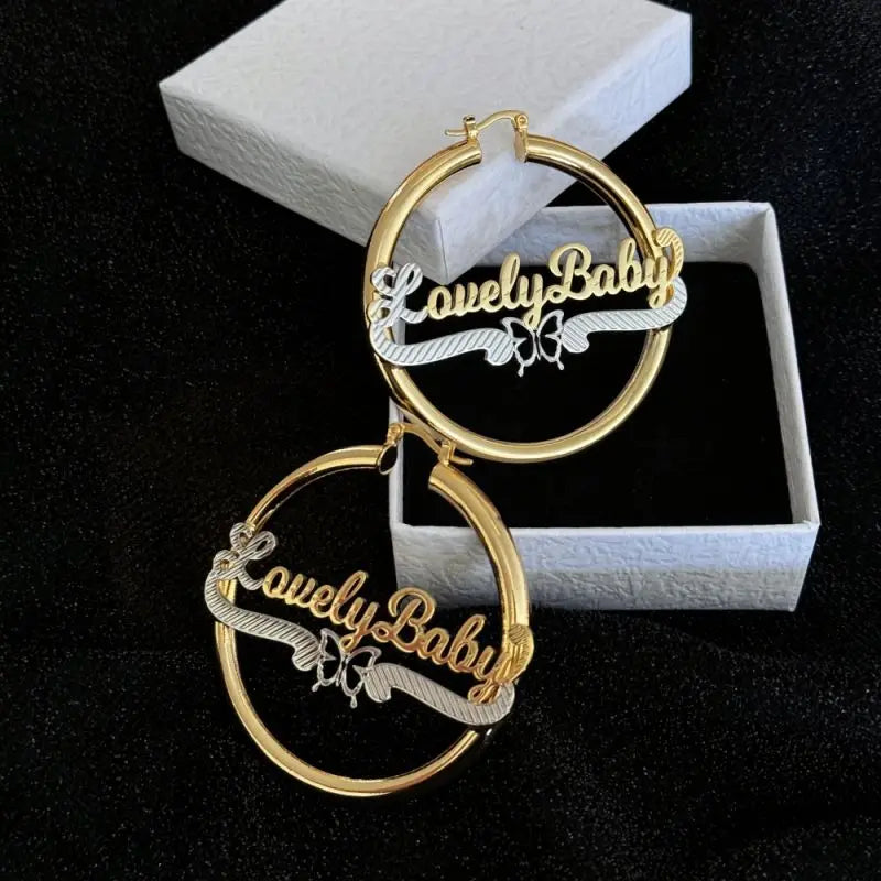 Personalised Double Color Nameplate Earring Stainless Steel Round Earrings Custom Butterfly Name Hoop