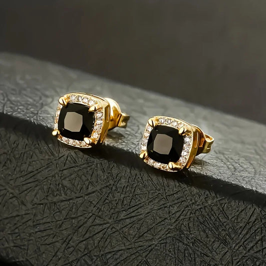 USA Stock Square Black Stud Rectangle 5A+ Cubic ZIRCON 14K Gold Plated Jewelry Aretes De Hombre CZ Diamond Earring for Men Women
