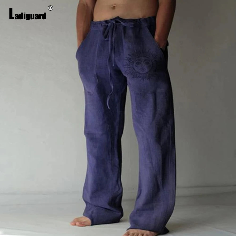 Plus Size 5xl Mens Loose Pants 2025 Summer Casual Linen Pants Male Fashion Print Trouser Men Patchwork Drawstring Leisure Pant