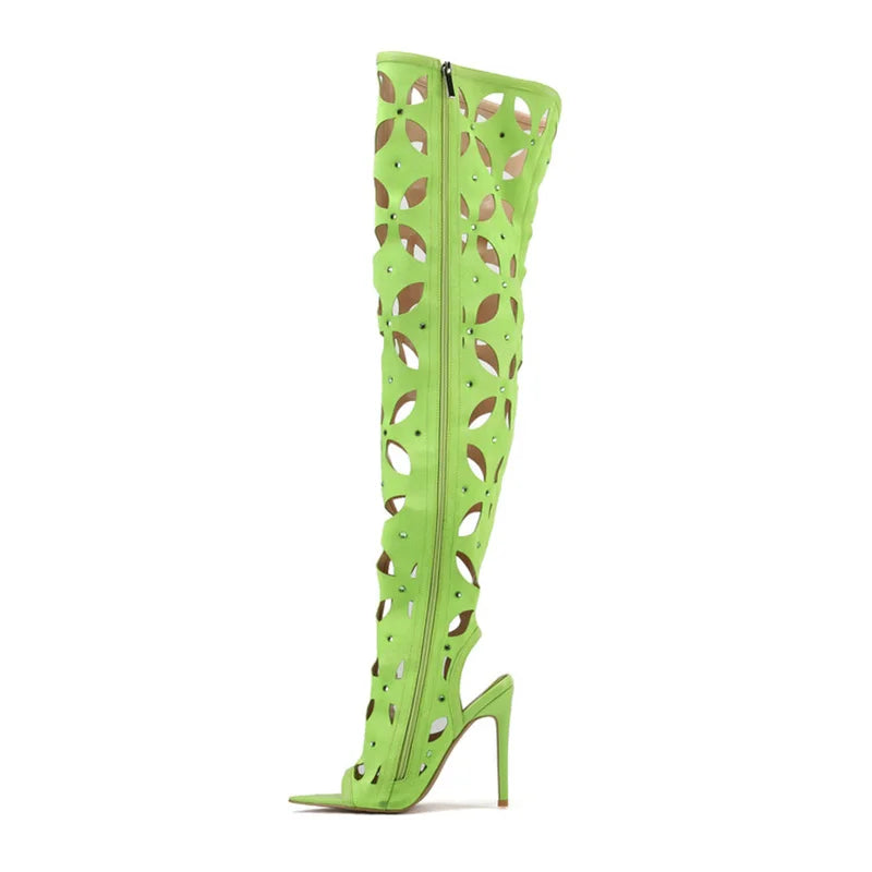 Women Wholesale Suede Cut Out Over Knee High Boots Peep Toe Stiletto Heels Diamonds Shoes Side Zipper Summer Long Booties