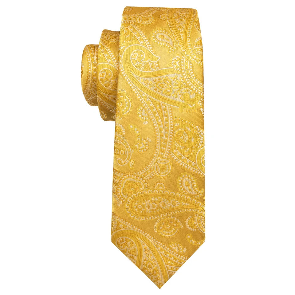 Free Shipping Men's Yellow Tie  Wedding Necktie and Pocket Square Cufflinks Set Paisley
