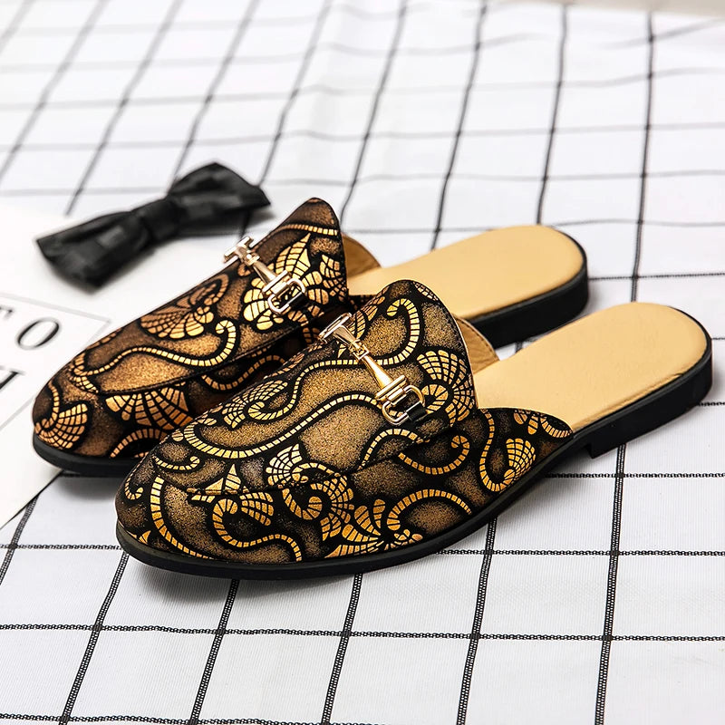 2026 Men Party Dress Shoes Loafer Genuine Leather Slippers Wear Wedding Fashion Trend Half Slippers Summer Men's Shoes