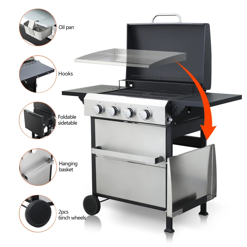 4-Burner Propane Gas BBQ Grill, SS Plancha, 49200BTU Output With Wire Enamel Cooking Grids For Outdoor Barbecue