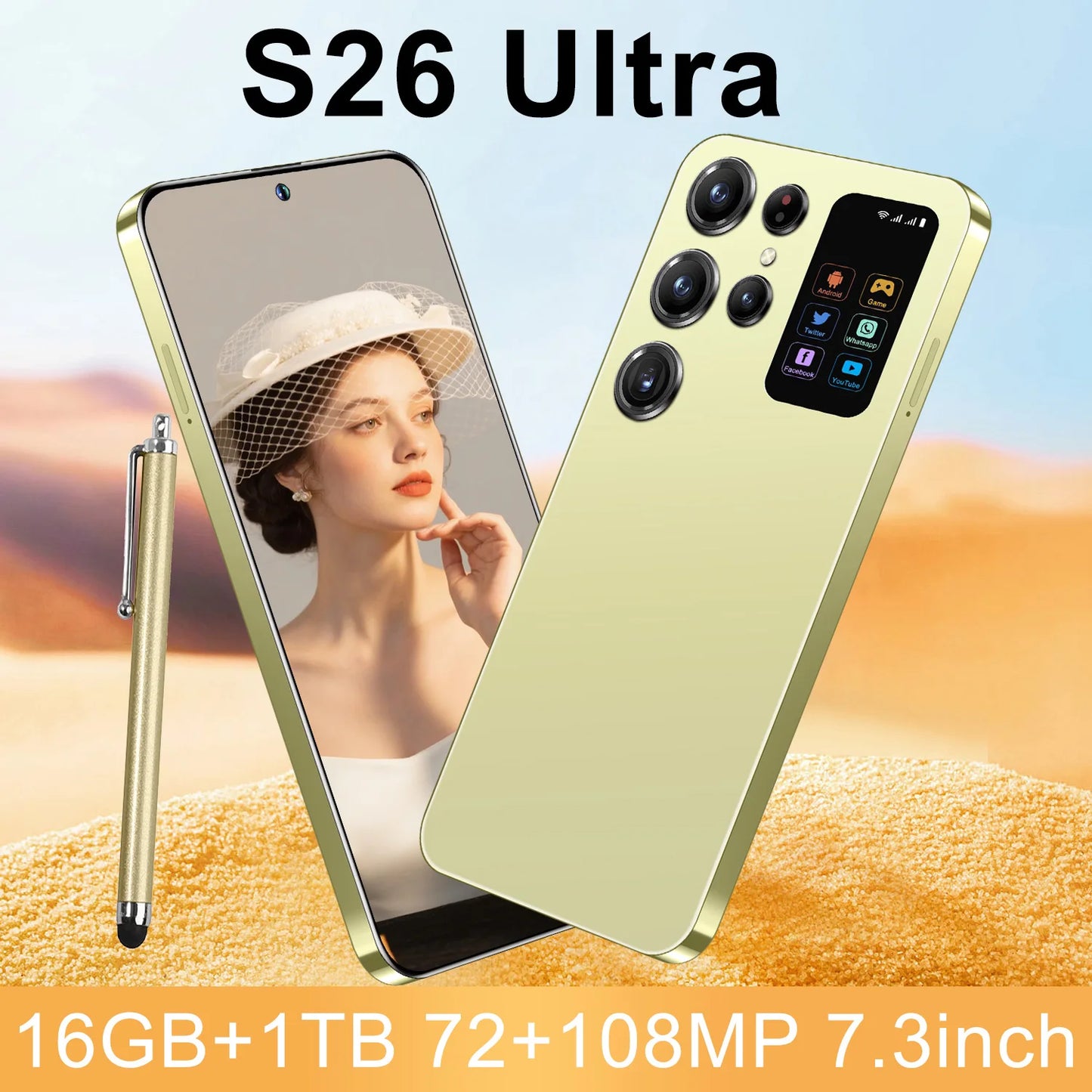 Face Recognition Unlock Original S26 Ultra 5G Smart Mobile Phone 7.3-inch HD Screen 16GB RAM+1TB Storage Deca Core Processor