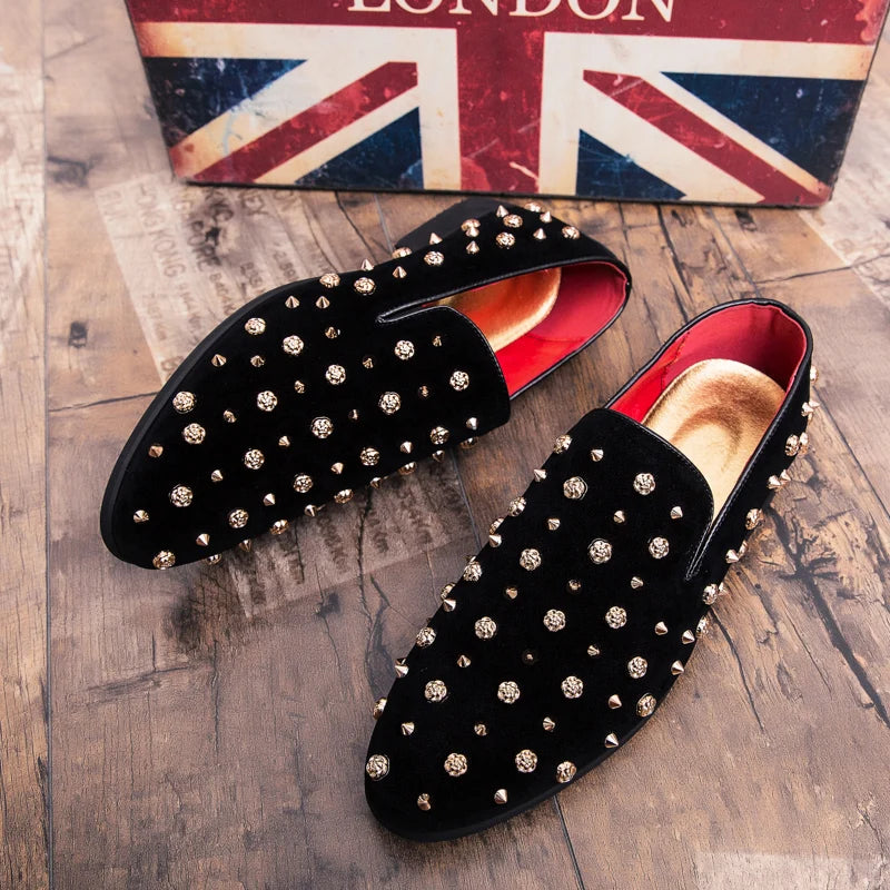 Custom Logo MOQ1 Outdoor Loafers Men Rhinestone PU Leather Rose Rivet Mens Casual Walking Style Shoes Wedding Party Dress Shoe
