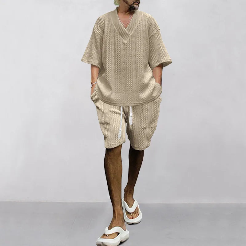 2024 Summer Men's Breathable Jacquard Casual Suits Loose Short Sleeve T-Shirt + Shorts V-Neck Tracksuit Two-Piece Set