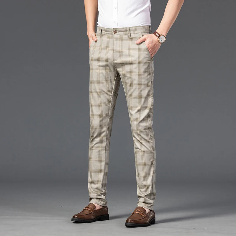 2025 Spring New Men's Plaid Casual Pants Business Fashion Slim Stretch Male Skinny Trousers Brand Clothes 7 Color
