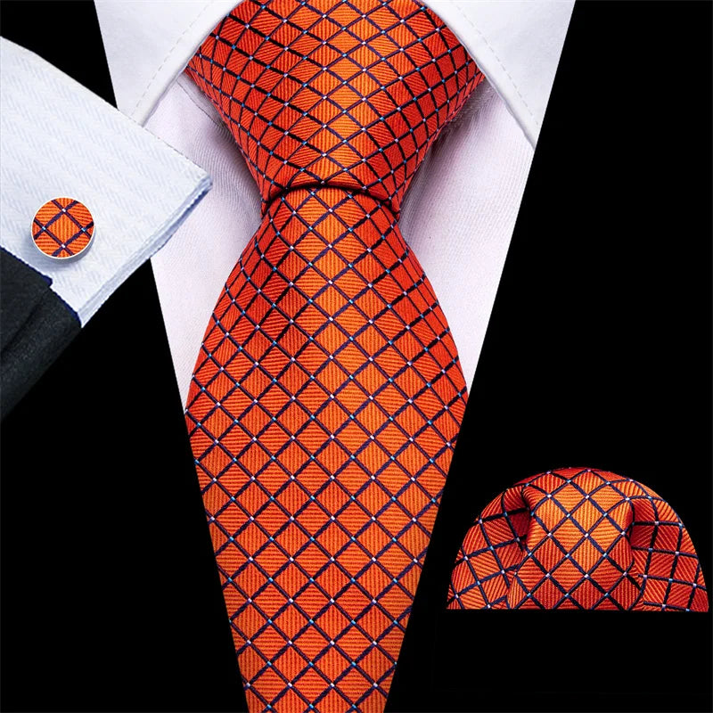 High Quality Luxury Business Fashion Men Gift Orange Plaid Checked Tie Jacquard Woven Silk Necktie Pocket Square Cufflinks Set