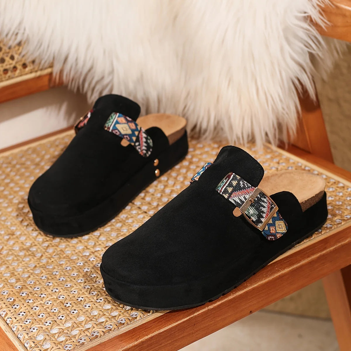 Summer New Women's Round Toe Embroidered Slip-on Sandals, Beach Vacation Style Thick-soled Mules