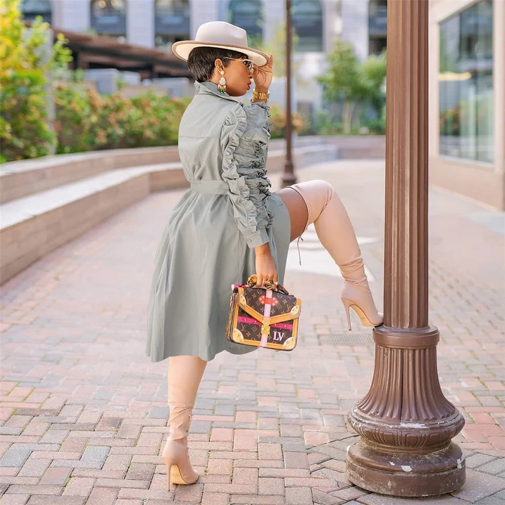 ANSZKTN Spring Fall Stacked Sleeve Midi Women'S Trench Coats Long for Ladies Women