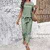 Casual Temperament Pure Colour Cotton and Linen Ladies Short Sleeve Trousers Suit Summer Hot Fashion T-shirt Suit New 2025