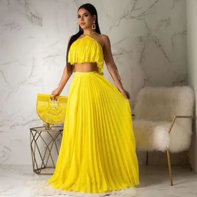 Summer Two Piece Long Dress Women Elegant 2 Piece Set Crop Top and Skirt Set Sexy Sleeveless Beach Party Outfit