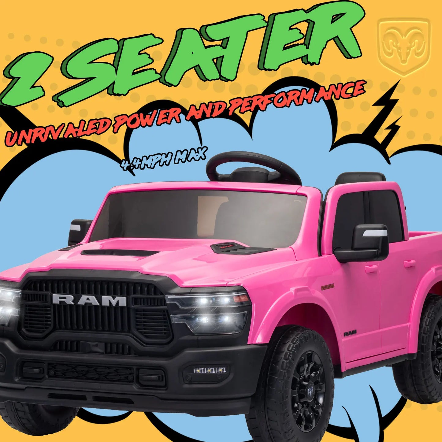 KerryYoo SQ7 Licensed RAM 24V Ride on Truck for Big Kids, 2 Seater Electric Car with Remote Control, Storage Bed - Pink