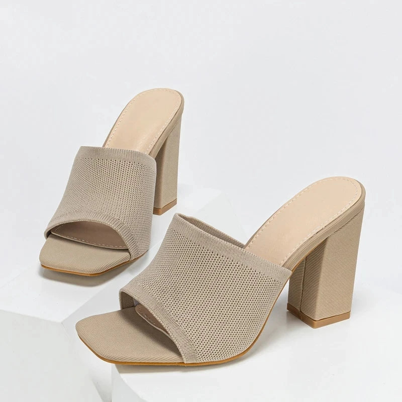 Plus 35-42 Stretch Fabric Women Slippers Fashion Square Toe Mule Slides Shoes 2024 Summer Female Sandals