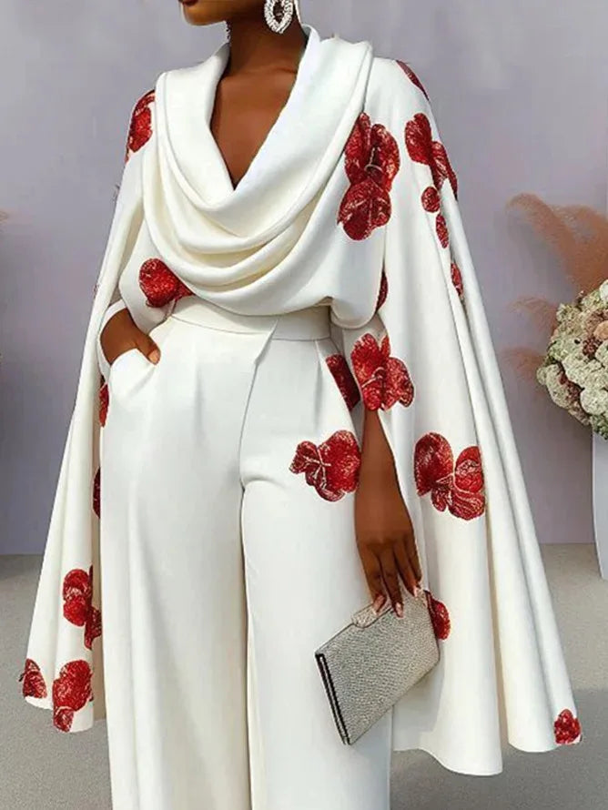 European and American Women's Plus Size Fashionable Printed Pile Collar Long Sleeved Pants Set
