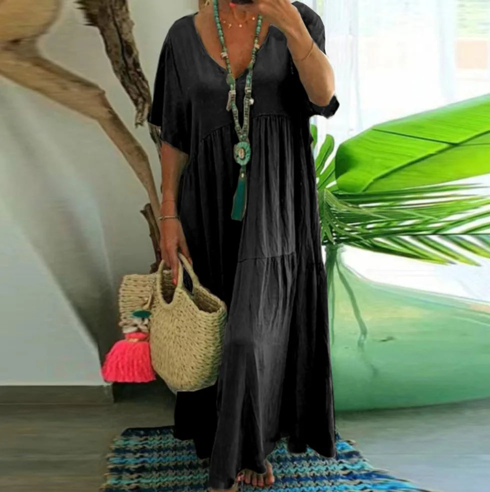 Simple Summer Women's Casual Loose Plain Long Maxi Dresses Plus Size Sundress Short Sleeve Women Boho Dress